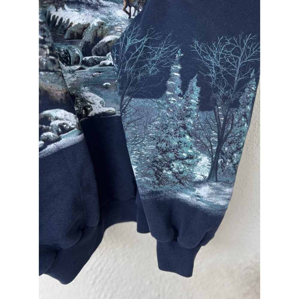 VTG 90's Art Unlimited Winter Wonderland AOP Sweatshirt XL Deer Lake USA Cabin - Picture 6 of 13